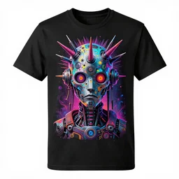 black tshirt with a hyperdetailed portrait of a futuristic trippy fantasy punk robot, 8 k, symetrical, flourescent colors, halluzinogenic, multicolored,