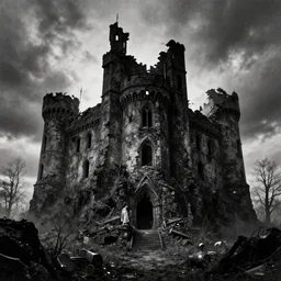 a ruined castle at the end of time. dark fantasy, film noir, black and white, osr, mike mignola.