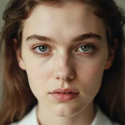 “ attractive beautiful brown hair young caucasian woman close up wearing shirt, soft, cute, 1 9 6 0 ’ s fashion, 1 5 0 mm f 2. 8, extreme close up face shot, hasselblad, art, brian ingram, steve mccurry, high quality, symmetrical face, clear skin, 4 k, dramatic lighting, award winning ”