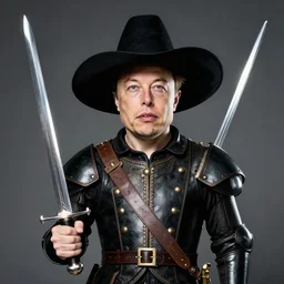 photo of elon musk in the shape of a musketeer, he has a big black hat and holds a shiny sword