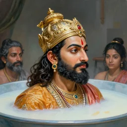 a beautiful fine art painting of a portrait of shivaji maharaj by tom bagshaw, greg rutkowski and artgerm, perfection!, milk bath photography, studio lighting, 35mm lens, very detailed, deep depth of field, side profile, artstation, 8K, highly coherent