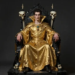 perfectly centered portrait of attractive vampire king in gold gothic robe sitting on a throne of black bones, highly detailed painting by gaston bussiere, craig mullins, j. c. leyendecker, 8 k