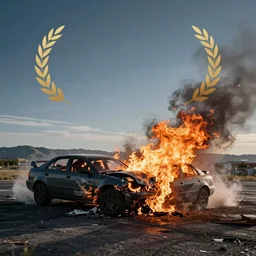 a perfectly timed photo of a fiery car crash