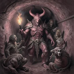 airbrush drawing macro sewer tunnel baphomet orcus hybrid, full bodied shot, random animal | viscera as god |, carapace armor, claustrophobically crowded into a deep in sewer tunnel, chris foss, enric torres, wayne d barlowe, geof darrow, alberto bontempi, feng zu hyper realism, torch light, muted horror of puce