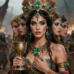 epic masterpiece portrait of a   queen with a goblet, on the battlefield,  tribe makeup and jewelry, sweaty skin, hyperrealistic, octane render, cinematic, followed by heads with many faces, beautiful face and flawless skin, perfect hands, emeralds by Edgar Maxence and Ross Tran and Michael Whelan, Legends of Runeterra