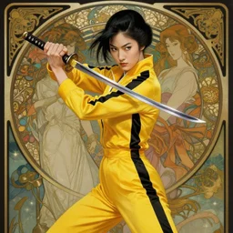 uma thurman in kill bill as a very cool warrior, rococo and art nouveau fusion, swinging reflective katana, yellow jumpsuit with black stripe, highly detailed, deep focus, elegant, digital painting, smooth, sharp focus, illustration, ultra realistic, japanese art by artgerm and alphonse mucha