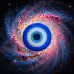 blue evil eye floating in front of a colorful exploding nebula, art inspired by tim doyle, petros afshar