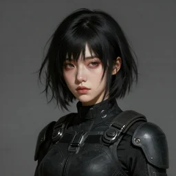 portrait of a woman by greg rutkowski, she is about 3 0 years old, messy black bob hair, pale round face, tired eyes, she is wearing futuristic black colored tactical gear, highly detailed portrait, digital painting, artstation, concept art, smooth, sharp foccus ilustration, artstation hq