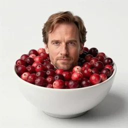 tiny bryan cranston's body is a bowl of cranberries, head emerging from cranberries, submerged in cranberries, natural light, sharp, detailed face, magazine, press, photo, steve mccurry, david lazar, canon, nikon, focus