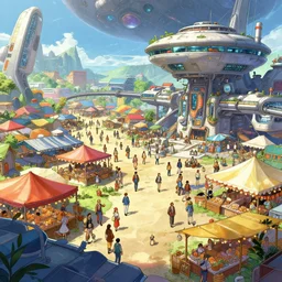 colorful, bustling outdoor marketplace in an alien spaceport, anime, a sci-fi digital painting by Greg Rutkowski and James Gurney, trending on Artstation, highly detailed