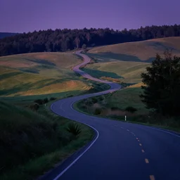 a road weaving through rolling hills from the edge of a forest at dusk. perspective landscape fantasy. strong shadows. deep colorful soft gradients, and translucence. americana by norman rockwell and eyvind earle