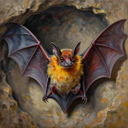 cave bat by pablo picasso, oil on canvas, hdr, high detail, photo realistic, hyperrealism, matte finish, high contrast, 3 d depth, centered, intricate, masterpiece, vivid and vibrant colors, enhanced light effect, enhanced eye detail, artstationhd