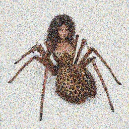 an 8k CG character rendering of a spider-like hunting female on its back, fangs extended, wearing a leopard-patterned dress, set against a white background, with textured hair and skin.