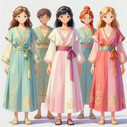 kawaii aesthetic in ancient greek clothing. pastel colors. bright colors. retro futurism. highly detailed. fashion. intricate. hyper realistic. by makoto shinkai michael garmash james gurney. bussiere.