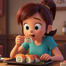 jimmy neutron's mom eating sushi, beautiful, extra detailed, harsh lighting, wlop