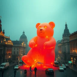 a stunning photography of a giant gummy bear destroying budapest, cinematic footage, by denis villeneuve, ridley scott