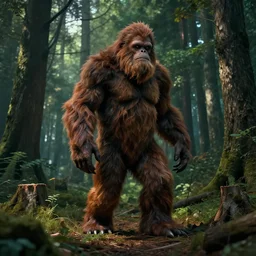 cinema still of the demogorgon of stranger things with hair & skin of a bigfoot sasquatch, standing in a clearing of the forest, tree stumps, cinematic lighting octane render, matte painting, unreal engine