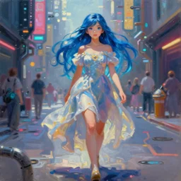expressive oil painting, of gorgeous princess walking on cyberpunk street, pure innocent look, long blue hair, by yoshitaka amano, by greg rutkowski, by jeremyg lipkinng, by artgerm, digital art, octane render