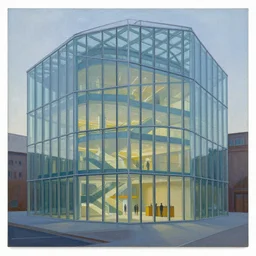 a painting of the interior of a glass buildding designed by sanaa by richard estes