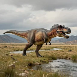 a singe t - rex is crossing american plains with a small riverbed, mountaineous background, cloudy day, highly detailed, digital art, by greg rutkowski, by albert bierstadt