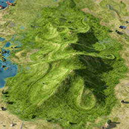 isometric miniature photography closeup, h0, 1:87, reaction diffusion, Meadow, hills, highly detailed, satellite image, game map, anno 1404, civilization, unreal engine, megascans texture