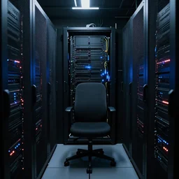 dark server room with a lot of computers and a cropped seat in the middle of the frame, blade runner, highly detailed, photorealistic, hd, 8k.