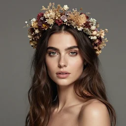 fine art photo of the beauty goddess yael shelbia, she has a crown of dried flowers, by oleg oprisco