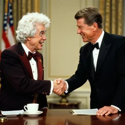 ronald mcdonald shaking hands with ronald reagan at table, hd hyperrealistic