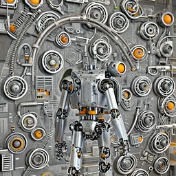 tangerine robot attached by a heavy, mechanical, industrial penumatic cable, the cable is attached to her back, clean room, scifi,  octane render