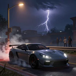 a sport car in gtav with street lights at night. smoke, sparks, thunderstorm. art by ismail inceoglu, filip hodas, and pixar.