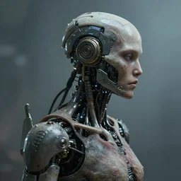 skeleton with cybernetic enhancements with some flesh as seen from a distance, scifi character portrait by greg rutkowski, esuthio, craig mullins, 1 / 4 headshot, cinematic lighting, dystopian scifi gear, gloomy, profile picture, mechanical, half robot, implants, solarpunk
