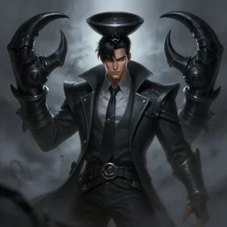 a highly detailed illustration of korean man with bowl cut black hair wearing tie with giant black claws, wielding giant black fog claws pose, foggy black mist surrounding background, perfect face, intricate, elegant, highly detailed, centered, digital painting, artstation, concept art, smooth, sharp focus, league of legends concept art, wlop.