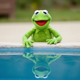 Kermit looking at its reflection in a pool, dslr photo