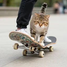 photo of a cat skateboarding at the part