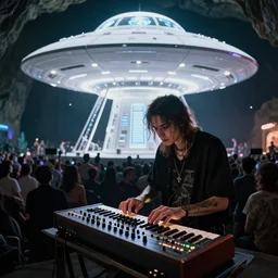 wtf an alien buchlacore area51 musician playing a 1970s Modular buchla synthesizer white ufo advanced ui spaceship concert at the underground cave rave