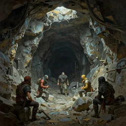 deep inside ancient abandoned dwarven gold mine underground by frank frazetta, ken kelly, simon bisley, richard corben, william - adolphe bouguereau