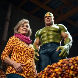 ellen standing next to hulk hogan covered in beans, volumetric lighting, ultra low angled shot