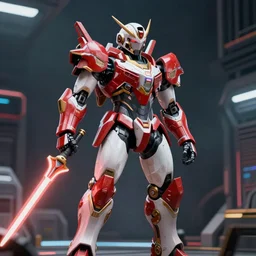 a cyborg knight wearing space armor and holding a laser lance, cyberpunk, futurustic, red and white and gold color scheme, film still