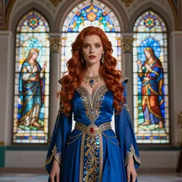 a beautiful warrior woman, red hair, blue dress, detailed, nasirolmolk mosque stained glass in background, baroque style _ h 7 0 4