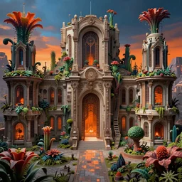 hyperrealistic hyper detailed wide shot of neo-baroque futuristic colony with brutalist architecture and carnivorous plants matte painting concept art key sage jeff koons very dramatic orange and blue lighting high angle hd 8k sharp shallow depth of field