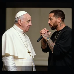 film frame of the pope and eminem doing a rap freestyle face to face. 4 k quality rule of thirds eminem in street clothes detail cinematic color grading by christopher nolan. two only main characters. sunglasses