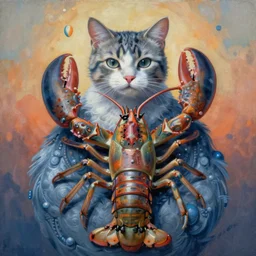 painting of hybrid between cat!!!!!!! & lobster, intercrossed animal, mixture animal, by tiffany bozic, by zdzislaw beksinski, logical anatomy, cold hue's, warm tone gradient background, concept art, beautiful composition, digital painting,