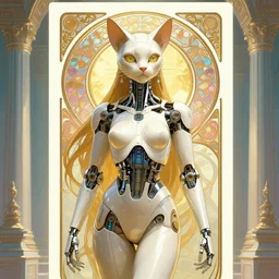 Cybernetic cat goddess. Synthwave. temple. 8k resolution, extremely detailed, digital illustration. Poster by alphonse mucha.