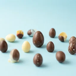 patterned chocolate eggs of various colors arranged on a table, food photography, blue pastel background, wide shot, studio lighting