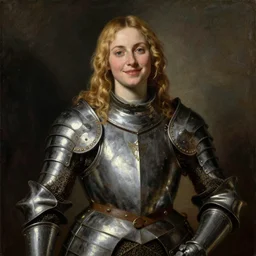 saoirse ronan, seductive pose, blonde hair, wearing medieval armour, smirk, portrait, oil painting by titian, hard focus