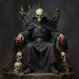 a necromancer on a throne mad of skull, by greg rutkowski e thomas kinkade, fantasy, d & d, very detailed, high definition, realistic painting, character design, trending on artstation