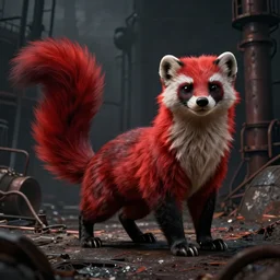 * tail * a handsome weasel bandit furry red - and - black male fursona animal, smirking, posed on a gritty industrial background by peder balke, dark industrial fantasy, furry art, deviantart contest winner, furry's fursona has a ^ tail * tail * a swaying weasel tail