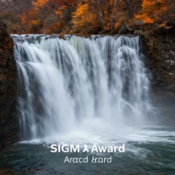photograph of a waterfall falling into a lake, autumn, landscape photography, sigma, award winning, soft lighting, 4 k, hd