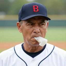 closeup photo of an old - timey baseball pitcher with chewing tobacco in his mouth and a mean look, canon a 1