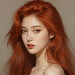 portrait of a sexy auburn haired korean woman, intricate, elegant, highly detailed, digital painting, artstation, concept art, smooth, sharp focus, illustration, art by artgerm and greg rutkowski and alphonse mucha and william - adolphe bouguereau